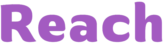 Close-up of the Reach logo letters in white and purple, reinforcing brand recognition and identity