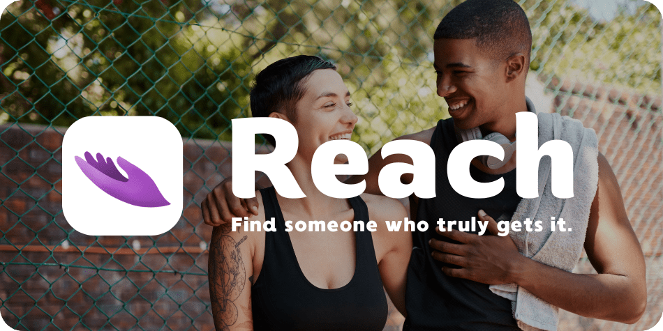 Two people laughing together outdoors, representing Reach’s focus on meaningful peer-to-peer mental health support and understanding