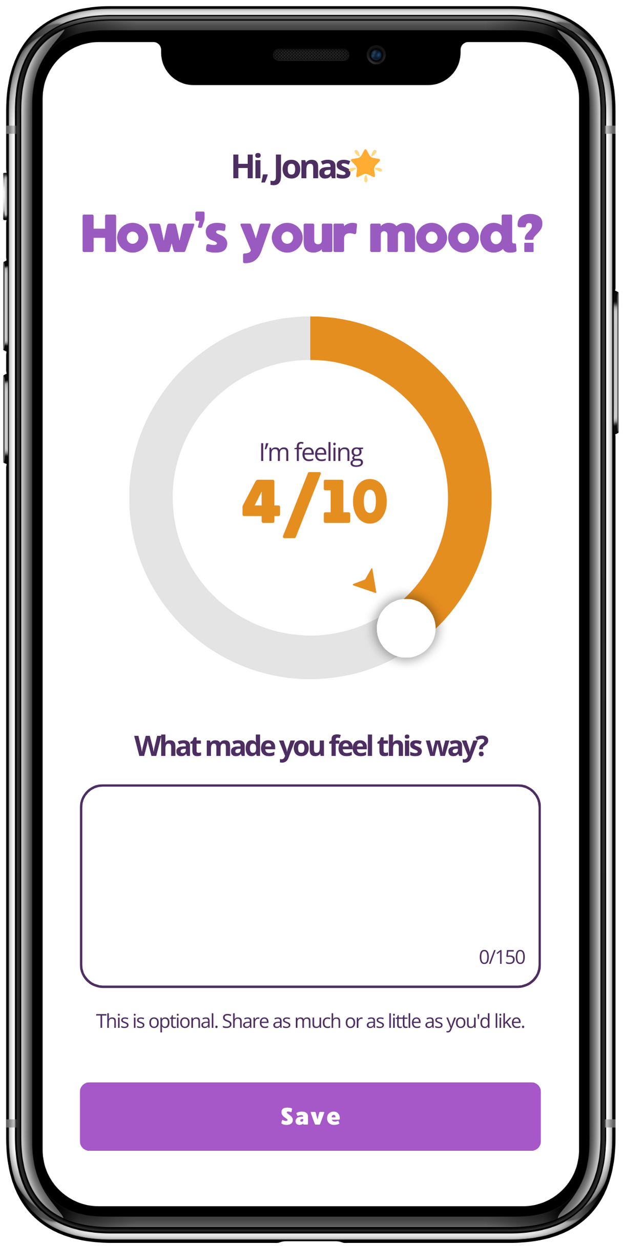 A mobile screen with a mood tracking tool, emphasizing Reach's focus on self-awareness and mental wellness tracking