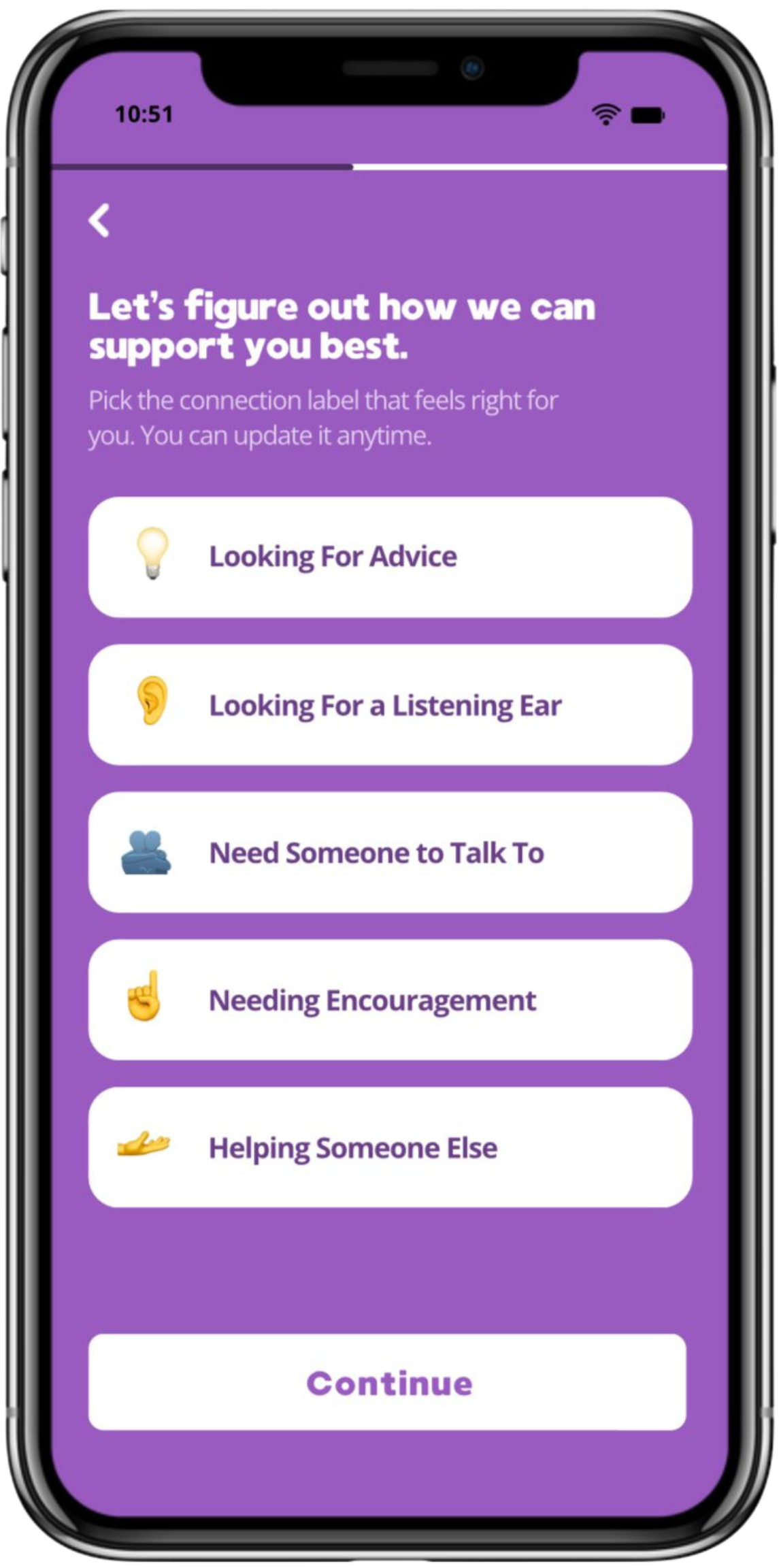 A mobile screen displaying personalized mental health support options, highlighting Reach’s user-friendly features for emotional well-being